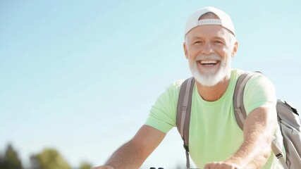 Joyful senior riding bicycle outdoors on sunny day with bright sky