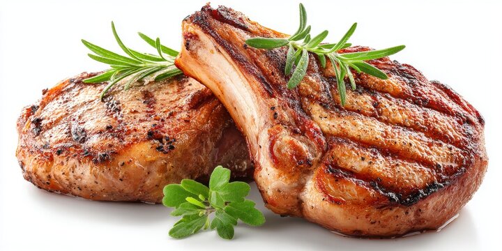Delicious grilled pork chops with rosemary garnish