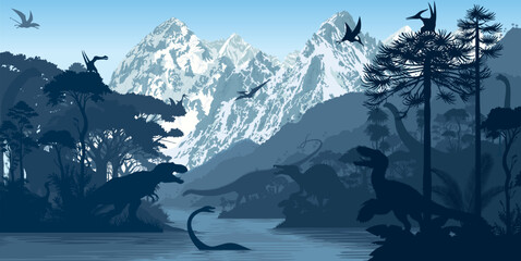 prehistoric rainforest jungle landscape with utahraptor, tyrannosaurus, Spinosaurus, gallimimus, elasmosaurus, argentinosaurus, patagotitan, brontosaurus, pterodactyl, Ornithocheirus, dimorphodon