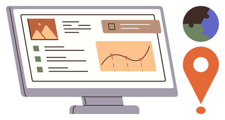 Flat computer screen displaying graph, photos, lists, and notifications. Earth globe, map marker. Ideal for data visualization, analysis, location tracking management business reports simple flat