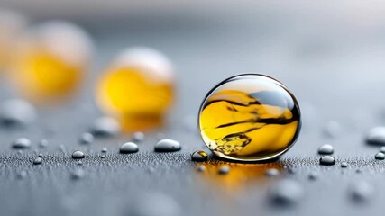 Golden liquid spheres gliding on smooth surface with reflective droplets in soft focus