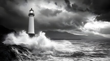 A sturdy lighthouse braves a tempestuous sea, its beam cutting through the ominous weather. Waves crash against the rocky shore, a beacon against an impending storm.