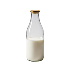 A glass bottle filled with milk on a white or transparent background.