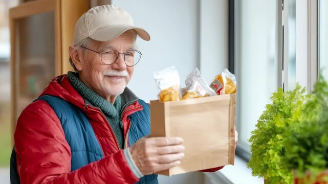 Cheerful senior enjoying a fresh meal delivery on a bright day