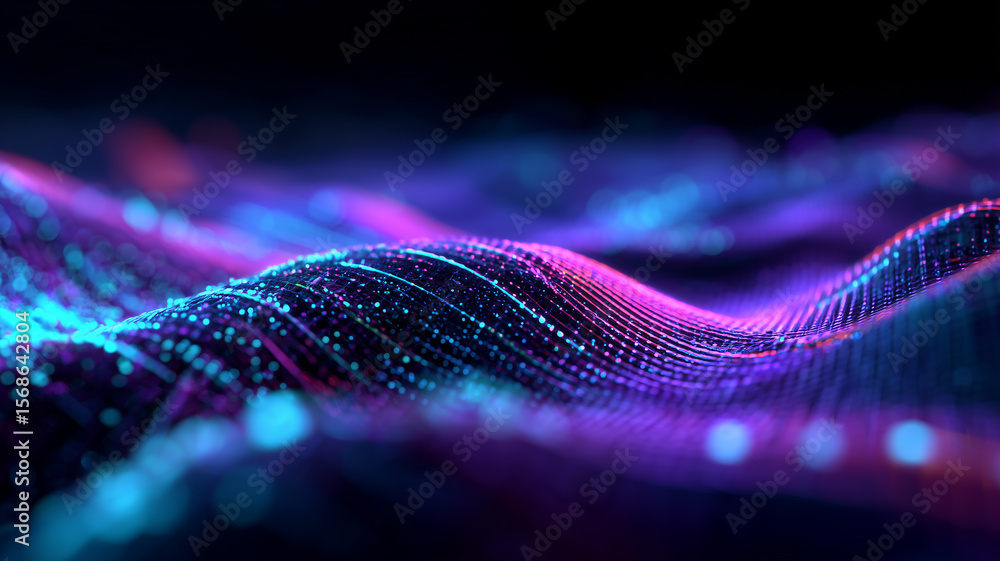 Wall mural luminous violet and cyan data currents rolling like illuminated waves across a futuristic cyber land