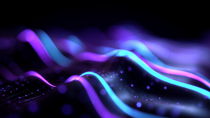 Glowing violet particle strands undulate in a fluid cyber wave, depicting innovative data visualisation and rhythmic information dynamics.
