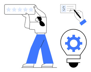 Woman holding a five-star rating board, hand signing a payment receipt, gear inside a lightbulb. Ideal for feedback, reviews, innovation, service, payment creativity business. Simple flat metaphor