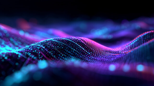 Luminous violet and cyan data currents rolling like illuminated waves across a futuristic cyber landscape, representing quantum information flow and creative analytics.
