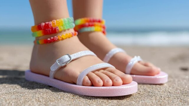 Colorful beach adventure: closeup of child?s anklets and sandals on sunny shoreline