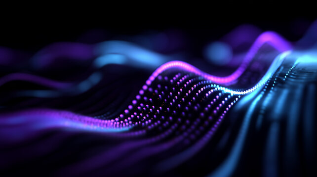 Glowing violet particle strands undulate in a fluid cyber wave, depicting innovative data visualisation and rhythmic information dynamics.
