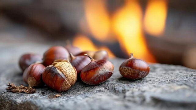 Roasting chestnuts with flickering flames on a rustic stone hearth