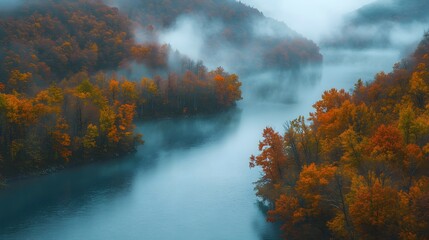Autumnal serenity unfolds as a river winds through a vibrant forest. Mist veils distant hills, enhancing the tranquil, weather-themed scene, showcasing nature's beauty.