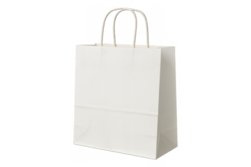 Paper shopping bag upright, handles twisted, transparent backdrop highlighting clean design for brand customization