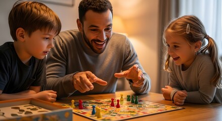 Father and two happy children enthusiastically playing a colorful board game together at a wooden table