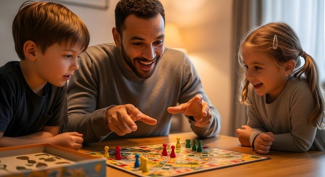 Father and two happy children enthusiastically playing a colorful board game together at a wooden table