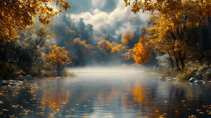 A tranquil autumn landscape featuring a serene lake reflecting colorful foliage and soft light filtering through the misty trees, evoking a peaceful weather theme.