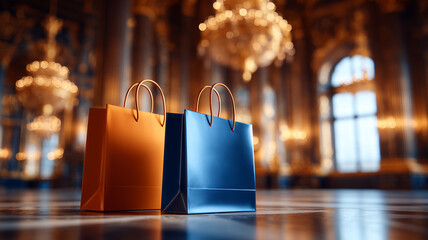 Luxurious shopping bags poised beneath opulent chandeliers in a grand palace interior, symbolising premium retail experiences and high end consumer indulgence.
