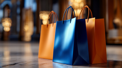 Luxurious shopping bags poised beneath opulent chandeliers in a grand palace interior, symbolising premium retail experiences and high end consumer indulgence.
