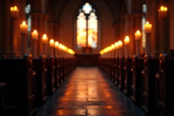 Fototapeta premium Flickering Candlelight Illuminates Rustic Church Interior Peaceful, Warm Atmosphere of Faith and Remembrance
