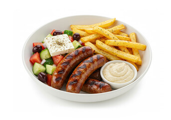 Bowl with seasoned char-grilled Loukaniko pork sausage, Greek salad, fries with oregano & salt, and smoky eggplant dip isolated on white