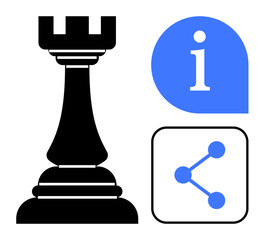 Chess rook representing strategic thinking alongside an info icon and a share symbol. Ideal for collaboration, communication, business strategy, education, knowledge sharing, networking, simple