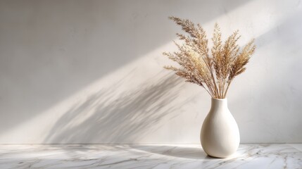 White ceramic vase with dried pampas grass on marble surface