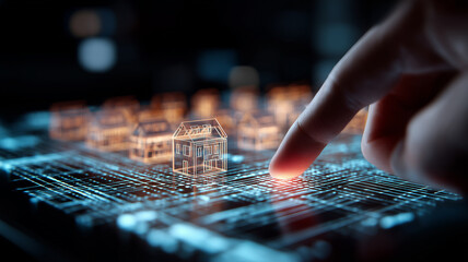 An index finger taps a holographic smart home icon on a digital touchscreen, visualizing real estate app navigation and modern property technology.
