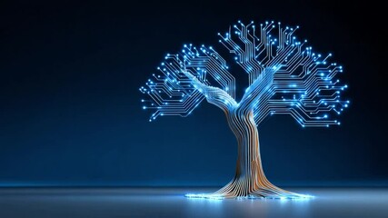 Digital Tree: The image features a digital tree with circuitry branches, glowing with blue light. It symbolizes the connection between technology and nature in a creative and artistic concept. - Powered by Adobe