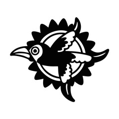 Stylized black and white bird in flight with sun background
