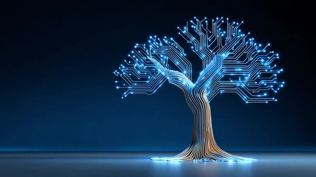 Digital Tree: The image features a digital tree with circuitry branches, glowing with blue light. It symbolizes the connection between technology and nature in a creative and artistic concept.