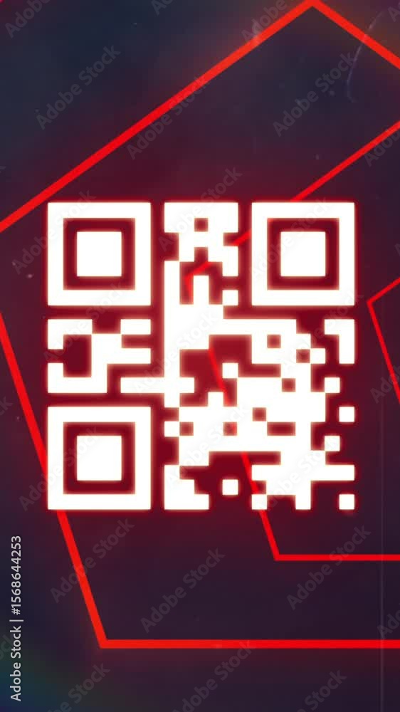 Poster animation of red neon geometrical shapes over qr code
