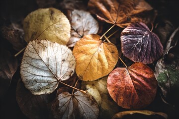 Fototapeta premium Colorful autumn leaves scattered on the ground displaying a variety of textures and shades in a peaceful outdoor setting