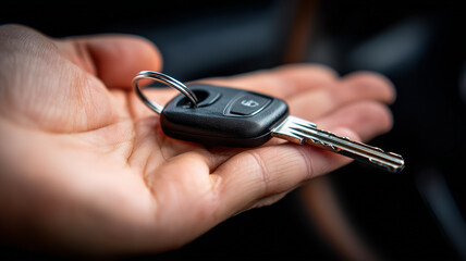 An open palm presenting a modern car key remote, symbolizing new vehicle ownership rental handover and driving freedom opportunity.
