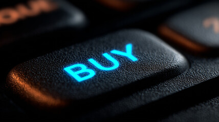 A glowing BUY key illuminates a computer keyboard, embodying instant online shopping and modern ecommerce impulse purchasing power.
