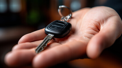 An open palm presenting a modern car key remote, symbolizing new vehicle ownership rental handover and driving freedom opportunity.

