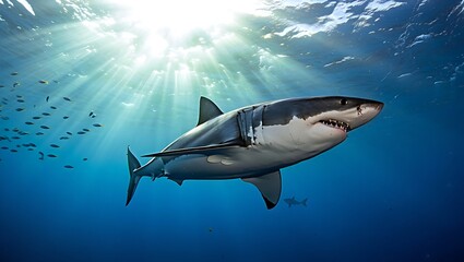Fototapeta premium Majestic Great White Shark Ocean Predator in Sunlit Depths