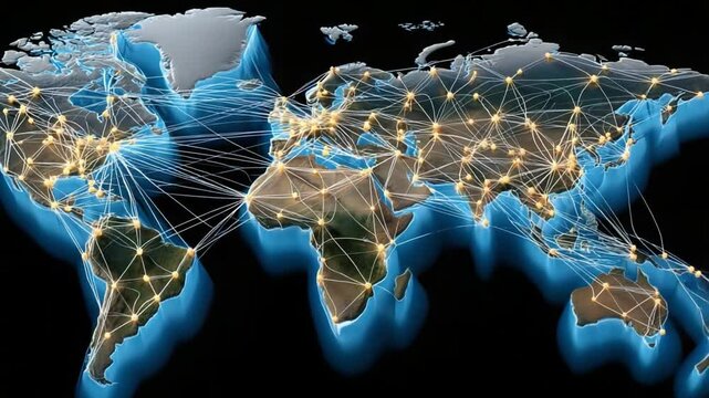 Global Network Connections: A stylized world map, showcasing intricate network connections between continents and countries, symbolizing global interconnectedness and communication.