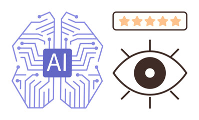 Obraz premium AI brain with circuits, an eye symbol suggesting vision, and a five-star rating bar. Ideal for technology, machine learning, AI applications, data analysis, innovation, human-AI interaction