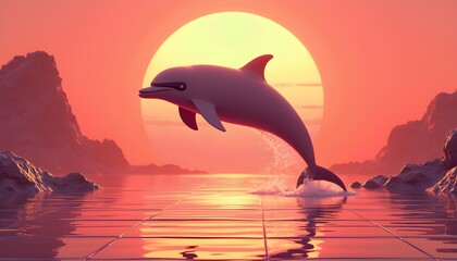 A stylized dolphin jumping out of water during sunset, with mountains in the background