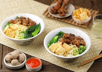 Mie Ayam. Chicken noodles are a typical Indonesian dish made from wheat noodles seasoned with pieces of chicken meat.