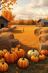 copy space for text background fall A cozy countryside setting with pumpkins hay bales and earthy textures