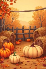 copy space for text background fall A cozy countryside setting with pumpkins hay bales and earthy textures