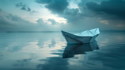 Obraz premium Paper boat adrift on calm water, reflecting in the still surface beneath an overcast sky