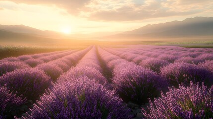 Fototapeta premium Aromatic lavender field under a golden sunset. Rows of vibrant purple flowers create a peaceful scene. Warm light enhances the beauty of the landscape, suitable for weather themes.