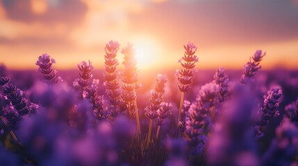 Naklejka premium A serene lavender field basks under a vibrant sunset. Warm hues paint the sky, creating a picturesque and tranquil scene with beautiful light. The weather theme evokes peace.