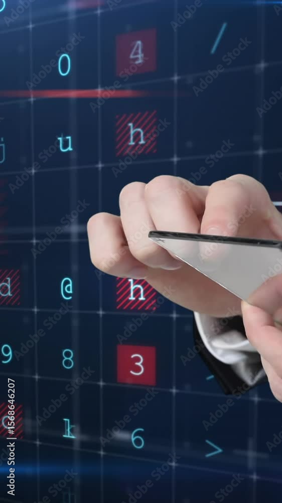 Aufkleber caucasian man interacts with a transparent screen displaying data, symbolizing health tech.