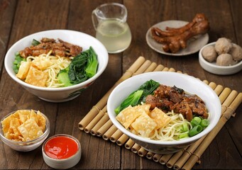 Mie Ayam. Chicken noodles are a typical Indonesian dish made from wheat noodles seasoned with pieces of chicken meat.