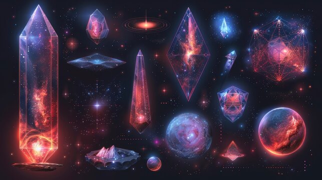 Floating crystals containing nebulae with cosmic geometry, glowing with vibrant colors on a dark starry background