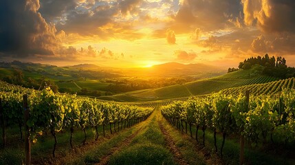Fototapeta premium A vineyard basks in the warm sunset light, showcasing vibrant green grapevines and rolling hills. The serene weather and golden hour create a picturesque landscape, ideal for wine production.