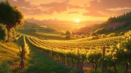 Fototapeta premium Sunset bathes the vineyard in golden light. Rows of grapevines stretch across rolling hills. Farmhouses nestle among trees, creating a warm, idyllic Weather Theme landscape perfect for wine.